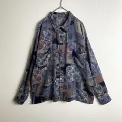 シャツ　レーヨン100%　総柄　ダークカラー　くすみカラー　ゆるだぼ　古着