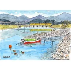 原画一点物　「佐波川河口の冬景色」　＜ペンスケッチ＋透明水彩＞