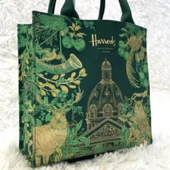 極美品 Harrods XMAS トートバッグ 深緑 ゴールド 英国 高級柄