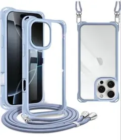iPhone 16 ProMax スマホケース ストラップ付き 水色 クリア