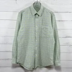 k*u様 【清涼感】ユニクロ リネンコットンシャツ M 緑 チェック柄 ボタンダ
