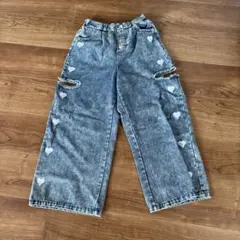 キッズ　140 女の子　ハート刺繍デニムワイドパンツ 長ズボン　ボトムス