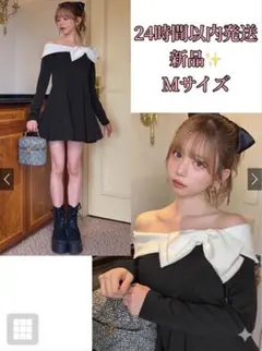 GRL 配色リボンオフショルダーミニワンピース[sm375] ブラック　Mサイズ