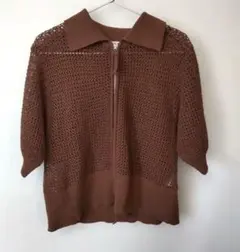 ブラウン メッシュ編み 襟付き 半袖ニット