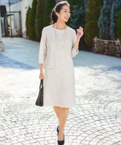 美品　自由区　洗えるジャガードツイードプリント ストレッチワンピース36