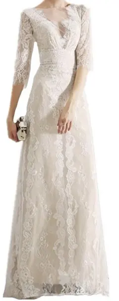 総レースAラインウエディングドレスSサイズVネック 二次会 フォトウェディング