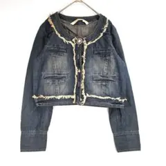 【レイカズン】デニム ノーカラージャケット ショート丈 フリンジ Мサイズのサムネイル