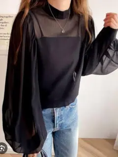 mily bilet　バルーンスリーブハイネック楊柳シアー素材ブラウス