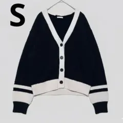 GU【S】厚手カーディガン Vネック 配色ライン ゆったり バイカラー 羽織り
