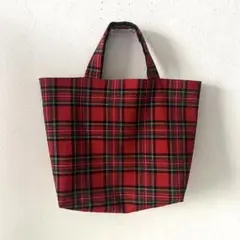 ハンドメイド　赤のタータンチェック柄　トートバッグ