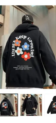 フラワープリント ブラック スウェット Lサイズ。