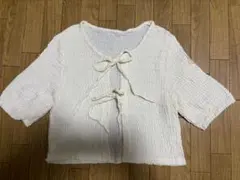 アイボリー リボン付き 五分袖シャツ M
