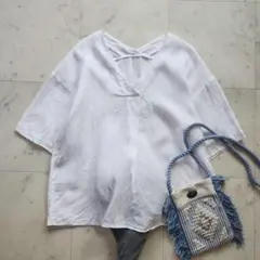 美品 セオリー リネン カットワークレース Vネック ブラウス◇ホワイト
