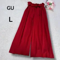 【GUジーユー】ハイウエストリボン　タックワイドパンツ　ストレッチ◎ エンジ色L