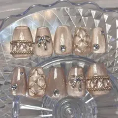 現品　ネイルチップ　キルティング　ガーリー　ワンホン　韓国　スナ系　ベージュ