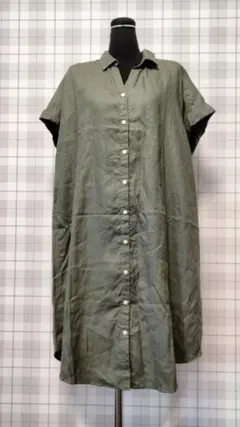 Parkes/パークス❁リネンシャツワンピース ❁半袖/カーキ/麻/美品/日本製のサムネイル