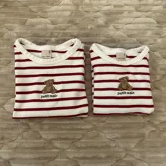 petit main 長袖Tシャツ 姉妹 80 100白/赤ストライプ