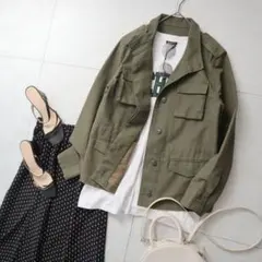 春オリーブカーキグリーンレーベルリラクシングスタンドカラー比翼ジャケットブルゾン