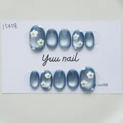 ネイルチップ　マグネットネイル　ブルー　推し活　お花　ニュアンス　手書き