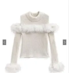 ファーショルダーオープンフェザーニットトップス　tw1183