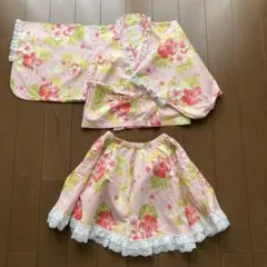 浴衣ドレス　ピンク120 キッズ　花柄　レース　甚平　スカート