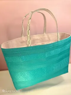 帯　博多帯　トートバック　博多織帯リメイク　着物　帯締め　刺繍　正絹　ターコイズ