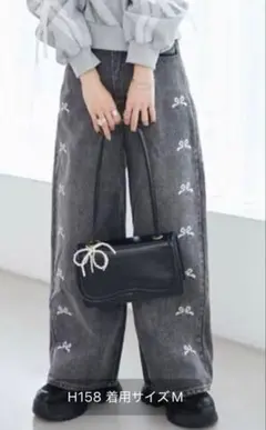 MAJESTIC LEGON リボン刺繍 グレー ワイドデニムパンツ