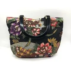 良品 昭和レトロ ビーズ刺繍バッグ ミニトート ハンドバッグ 黒×花柄