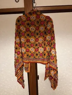 オレンジ 花柄刺繍 ストール　インド　パンジャビ