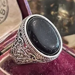 イギリス　英国　ヴィンテージ　紫金石風　黒　銀色　シルバー　指輪　リング　15号