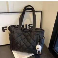 キルティング　トートバッグ　レディース　ナイロン　ブラック　シンプル　A4 無地