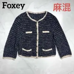 フォクシー　ノーカラージャケット　リネン混　サマーツイード　ロゴプレート　Lのサムネイル