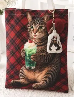 【本日23時まで販売】猫バッグ　キジ猫メロンソーダ　新品トート　猫キーリング付き