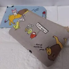 ミニフラットポーチ2個 猫と動物園グレー・猫と動物園水色