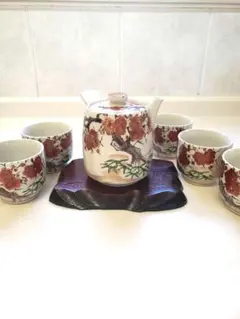 【昭和レトロ】九谷焼　手描き梅の花　急須　湯呑み5個セット