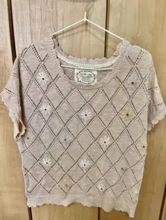 ピンク　鍵編み　透かし編み　半袖ニット M