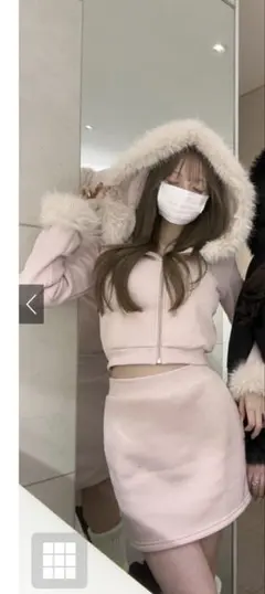 ファー付きパーカー×ミニスカートスウェットセットアップ[pm413]