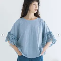 【kazumi×Samansa Mos2】バテンレースカットソー サックスブルーのサムネイル