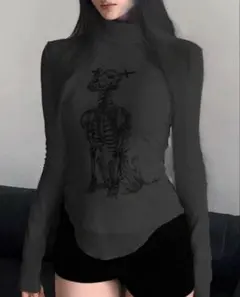 Y2K トップス ロンT 幾何学 ダークコア 平成 パンク骸骨　ダークグレー