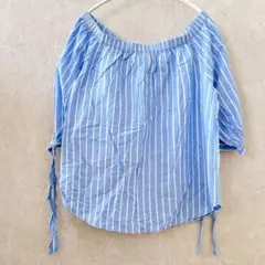 H&M ストライプ オフショルダー ブラウス ブルー 【M】袖リボン 夏