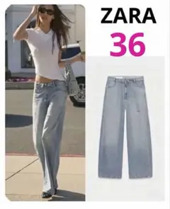 ZARA TRF ダメージ加工ミッドライズ折り返しウエスト デニムパンツ 32