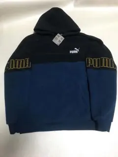 プーマ 刺繍ロゴ フリースパーカー XL 紺黒 フード 袖プリント 新品タグ付