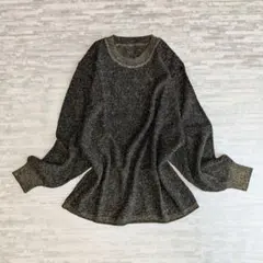 80s 日本製 ラメニット ウール混 リブ袖 長袖ニット 黒 上品 レトロ