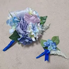 青紫の造花ブーケとブートニアセット