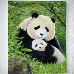 パンダ　親子　アクリル画　原画