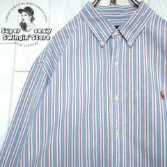 人気 ラルフローレン 長袖 ボタンダウンシャツ 2XL ブルー ストライプ 古着