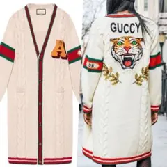 美品 GUCCI タイガー刺繍 シェリーライン ロングケーブルニットカーディガンのサムネイル