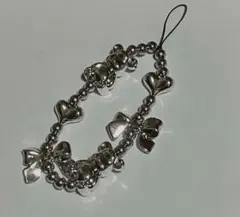 ビーズキーホルダーy2kスマホストラップ　韓国　ハート　ブラック　シルバー くま