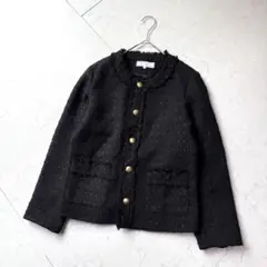 ロペピクニック ツイードノーカラージャケット 40 金ボタン ブラック