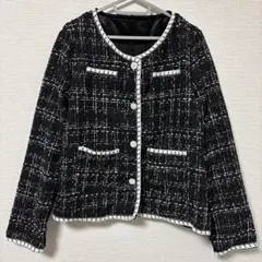 ノーカラーツイードジャケット ブラック Lサイズ